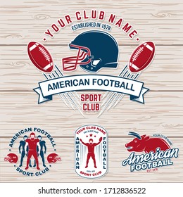 Set of american football or rugby club sticker, patch. Vector for shirt, logo, , stamp, patch. Vintage design with american football sportsman player, helmet, ball, grass and shoulder pads silhouette