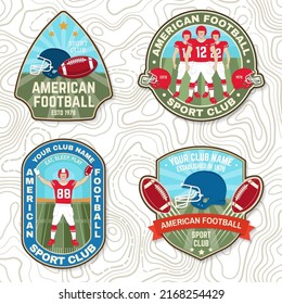 Set of american football or rugby club embroidery patch. Vector for shirt, logo, print, stamp, patch. Vintage design with american football sportsman player, helmet, ball and shoulder pads silhouette