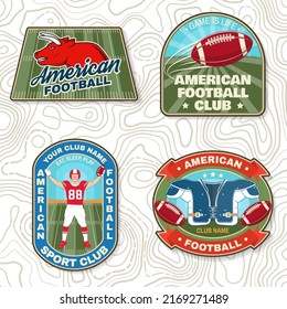 Set of american football or rugby club embroidery patch. Vector for shirt, logo, print, stamp, patch. Vintage design with american football sportsman player, helmet, ball and shoulder pads silhouette