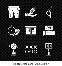 Set American football shorts, Football on hand, Whistle, Award cup, Planning strategy concept, Sport mechanical scoreboard result display, stopwatch and  icon. Vector