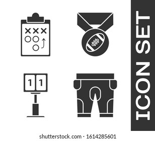 Set American football shorts, Planning strategy concept, Sport football mechanical scoreboard and result display and American Football ball with medal icon. Vector