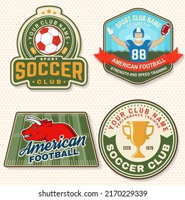 Set of american football and soccer club embroidery patch. Vector for shirt, logo, print, stamp, sticker. Vintage design with soccer, american football sportsman player, helmet, ball and shoulder pads