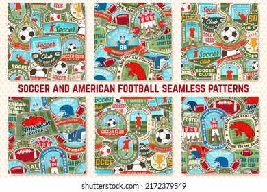 Set of american football and soccer club seamless patterns. Vector illustration. Wallpaper, background with soccer, sportsman player, football goalkeeper, ball, player, gate, helmet, ball, shoulder pa