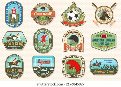 Set of american football, soccer, polo and horse riding club embroidery patch. Vector. Sticker design with soccer, american football sportsman player, helmet, ball rider and horse silhouette.