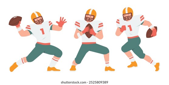 Set of American football sports athletics players with action poses, passing, and running concept illustration