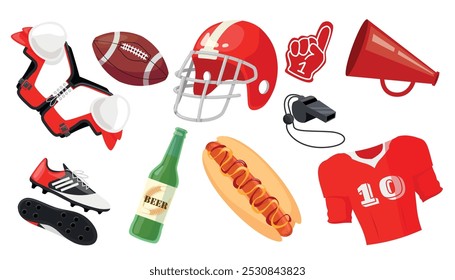 Set of American football symbols in cartoon style. Vector illustration: protective vest, sneakers, helmet, t-shirt, ball, glove, megaphone, beer, whistle, hot dog isolated on a white background.