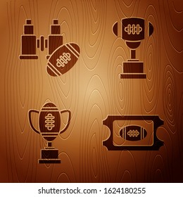 Set American Football ticket, Binoculars and american football ball, Award cup and American football ball and Award cup and American football ball on wooden background. Vector