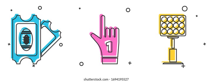 Set American Football ticket, Number 1 one fan hand glove with finger raised and Bright stadium lights icon. Vector