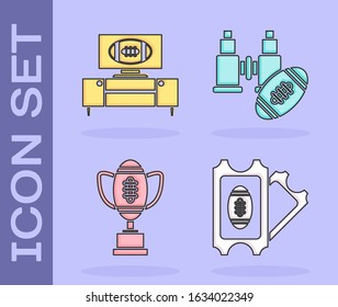 Set American Football ticket, American football on tv program and stand, Award cup and American football ball and Binoculars and american football ball icon. Vector