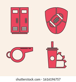 Set American Football ticket and paper glass soda with drinking straw, Locker or changing room for football, basketball team or workers, American Football ball and shield and Whistle icon. Vector