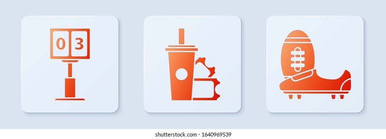 Set American Football ticket and paper glass soda with drinking straw, Sport football mechanical scoreboard and result display and Soccer or football shoes with spikes. White square button. Vector