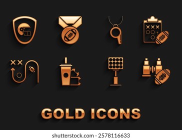 Set American Football ticket and paper glass soda with drinking straw, Planning strategy concept, Binoculars american football, Bright stadium lights, Whistle, helmet shield and medal icon. Vector