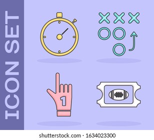 Set American Football ticket, Stopwatch, Number 1 one fan hand glove with finger raised and Planning strategy concept icon. Vector