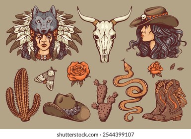 Set of american gothic elements in engraved color retro style, vector illustration. Cowboy grunge wild west elements, boots, hat, cactus, skull, indian head and others on isolated background.