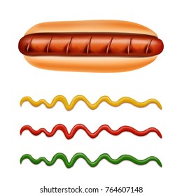 Set of American Hot dogs with sauces. Portion of Mustard, ketchup, pesto or chili sauce. Barbecue Grilled sausage with incisions. Hotdog fastfood concept.