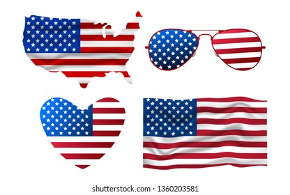 Set of American Icon. Sunglasses, Flag, Heart, Map. Happy 4 th July and Independence Day. Cartoon Vector illustration.