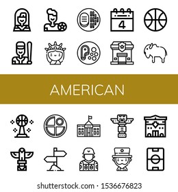 Set of american icons. Such as Native american, Baseball, Football player, Statue of liberty, Steak, th of july, Police station, Basketball, Bison, Totem, Pancake , american icons