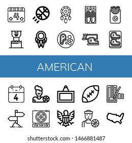 Set of american icons such as th of july, Basketball, Dreamcatcher, Steak, Pancake, French fries, Sign, Football player, Eagle, Rugby, Basketball player, United states of america , american