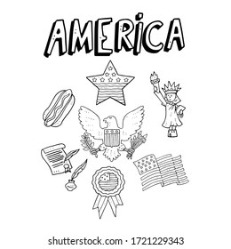 set of american independence day doodle in various pose isolated on white background
