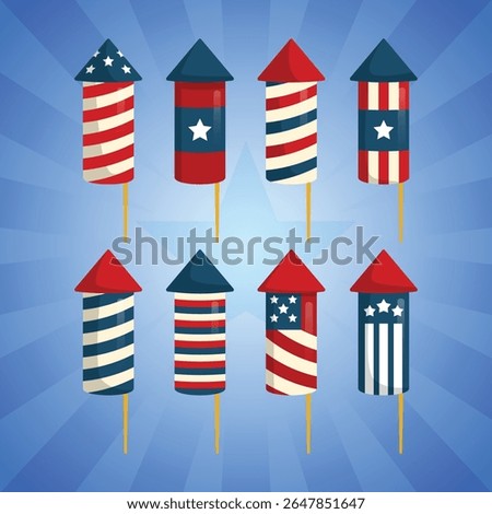 Set of American Independence Day rocket fireworks. 4th of July vector elements in flat style with USA flag color patterns.