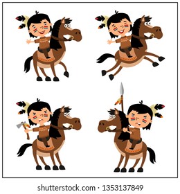 Set of American Indian boy riding horse in different poses isolated on white background.