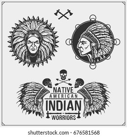 Set of american indian labels, badges, emblems and design elements.