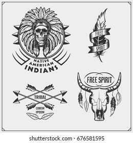 Set of american indian labels, badges, emblems and design elements.