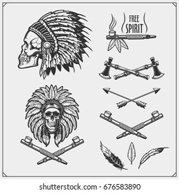 Set of american indian labels, badges, emblems and design elements.