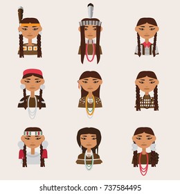 Set with american indian women portraits. Various clothing style - apache, navajo, cheerokee, iroquois. Young girls characters in traditional clothes