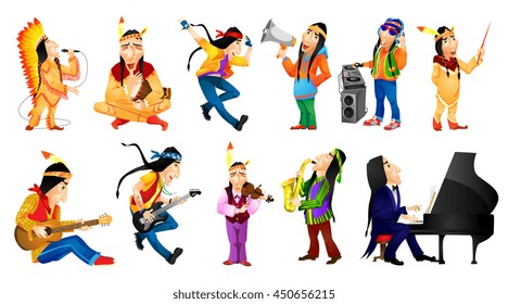 Set of american indians conducting with baton, singing, dancing, playing guitar, saxophone, piano, violin, tam tam, mixing music on turntables. Vector illustration isolated on white background.