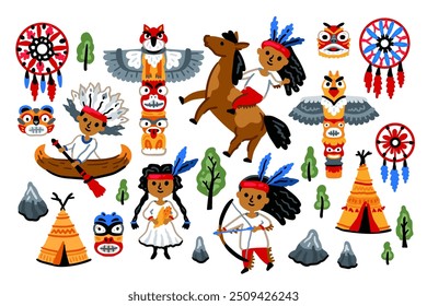 Set of American Indians in national costume - headdress made of feathers. Bright color vector illustration isolated on a white background. Native Americans. Totem, wigwam