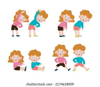 Set of American Kids Exercising, Children exercising ,child exercising , happy Kids Exercising cute cartoon flat design isolated on white background Vector Illustration.