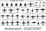 A set of American military aircraft of different types. Black silhouettes. Vector graphics. ESP 10.