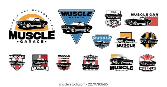 Set of American muscle car vector logo isolated on white background. 60s classic car illustration