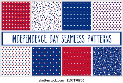 Set of American patriotic stars seamless patterns in red, blue and white. Independence Day vector backgrounds.