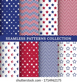 Set of American patriotic stars and stripes seamless patterns. July 4th Backgrounds. American flag style vector, red, blue and white repeating pattern.