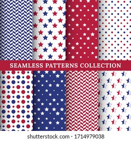 Set of American patriotic stars and stripes seamless patterns. July 4th Backgrounds. American flag style vector, red, blue and white repeating pattern.