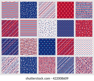 Set of American patriotic stars and stripes seamless patterns in red, blue and white. Independence Day vector backgrounds.