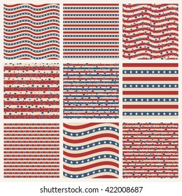 Set of American patriotic stars and stripes seamless patterns in vintage colors. Independence Day vector backgrounds.