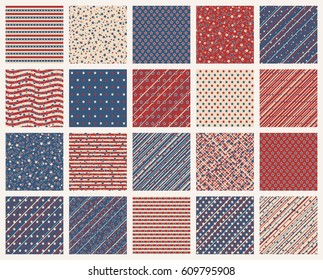 Set Of American Patriotic Stars And Stripes Seamless Patterns In Vintage Colors. Independence Day Vector Backgrounds.