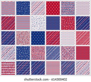 Set of American patriotic stars and stripes seamless patterns in red, blue and white. Independence Day vector backgrounds.