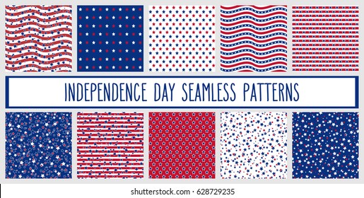 Set of American patriotic stars and stripes seamless patterns in red, blue and white. Independence Day vector backgrounds.