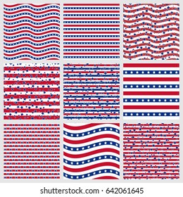 Set of American patriotic stars and stripes seamless patterns in red, blue and white. Independence Day vector backgrounds.