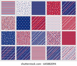 Set of American patriotic stars and stripes seamless patterns in red, blue and white. Independence Day vector backgrounds.