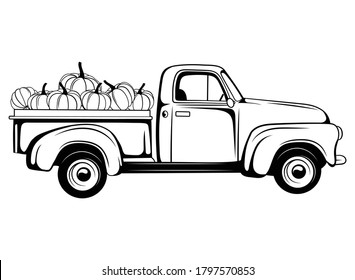 Set of american pickups with pumpkins. Farmers car collection. Vector illustration for autumn fairs.