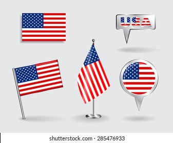 Set of American pin, icon and map pointer flags. Vector illustration.