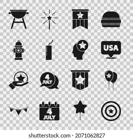 Set American Star Schild, Balloons, USA Unabhängigkeitstag, Flagge, Dynamite Bombe, Feuer Hydranten, Grill und Head Icon. Vektorgrafik
