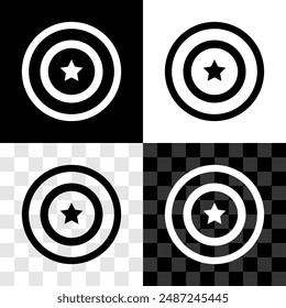 Set American star shield icon isolated on black and white, transparent background. United States of America country flag. 4th of July. USA Independence day.  Vector