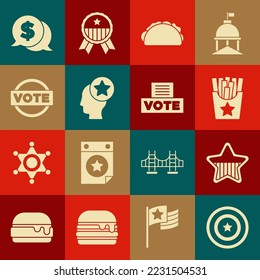 Set American star shield, USA Independence day, Potatoes french fries in box, Taco with tortilla, Head, Vote, Coin money dollar and  icon. Vector