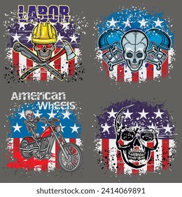  set, amerikan flag with skull (Hand drawn vector image), grunge vintage design t shirts